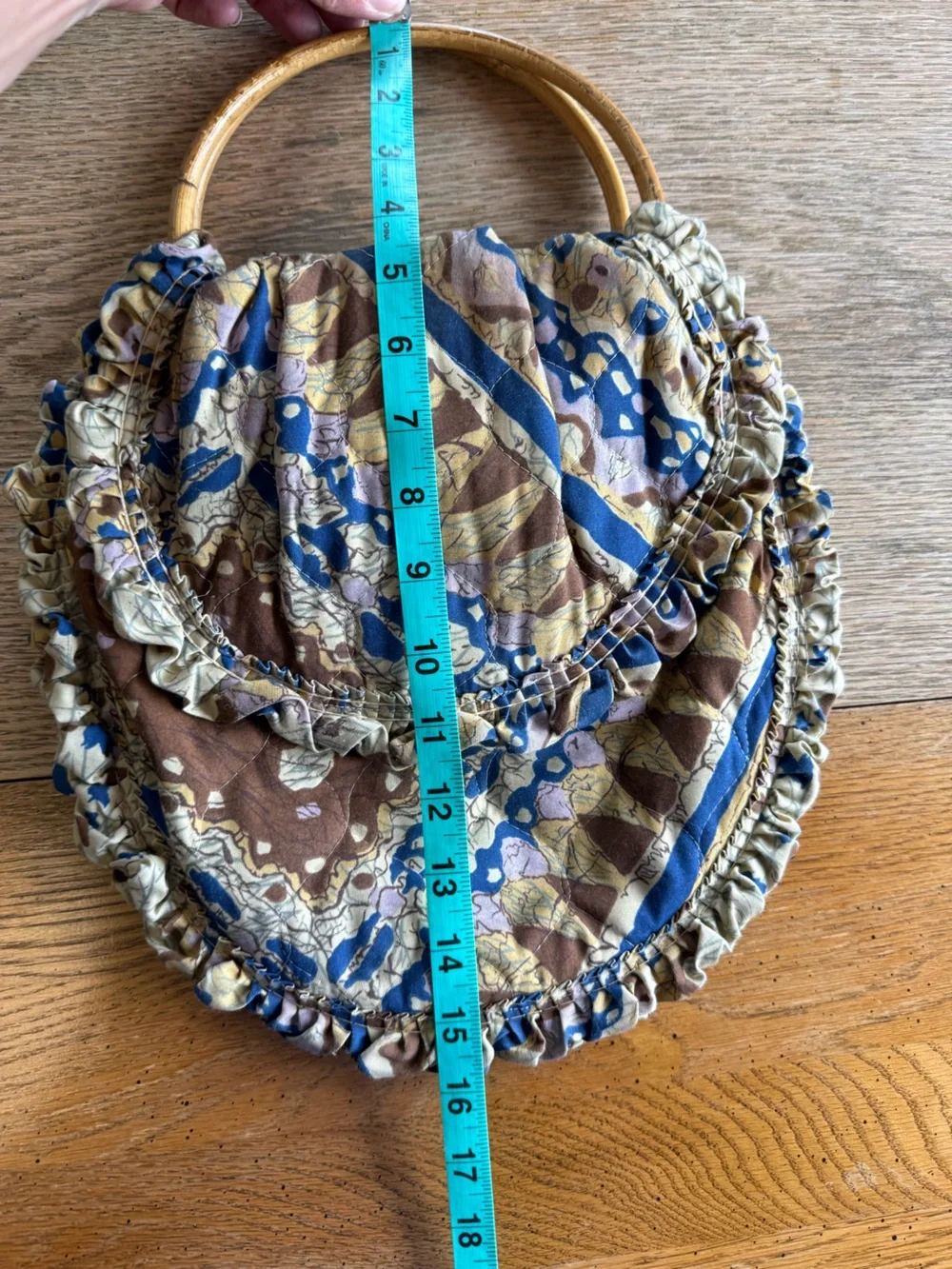 Handmade Vntg Quilted Ruffle Handbag Bamboo Ring Handles Boho Cottagecore Purse